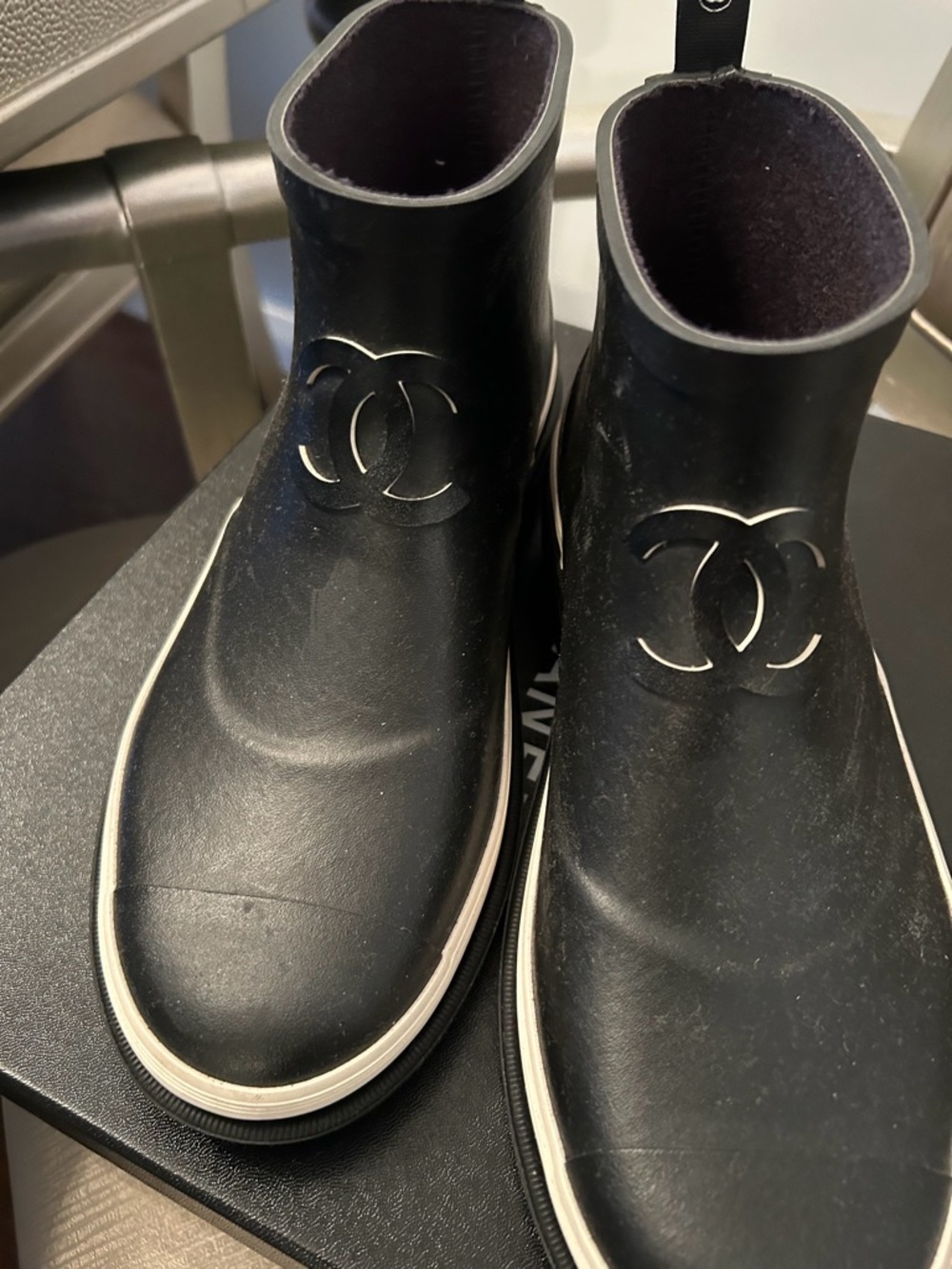 CHANEL Black and White Rubber Logo Booties